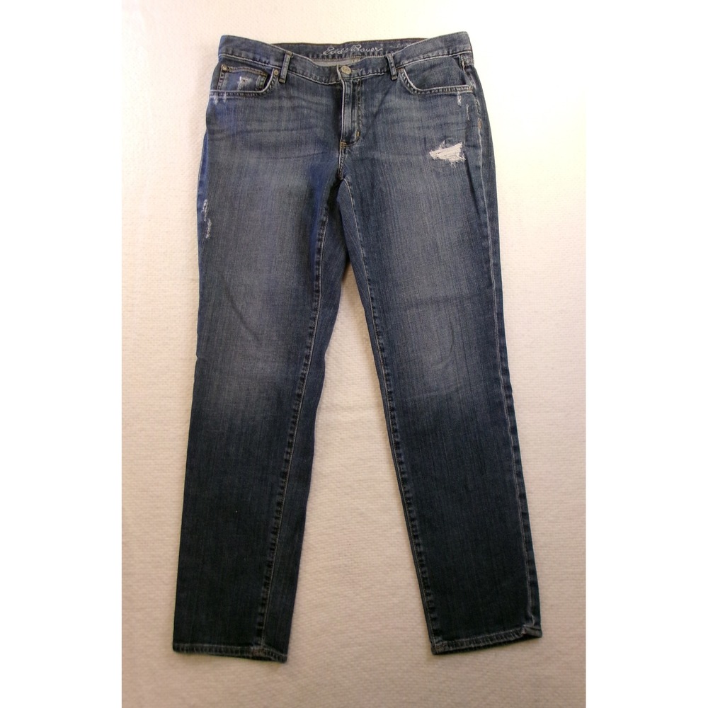 Eddie Bauer Womens 12 Boyfriend‎ Slim Distressed Medium Wash Denim Jeans Blue